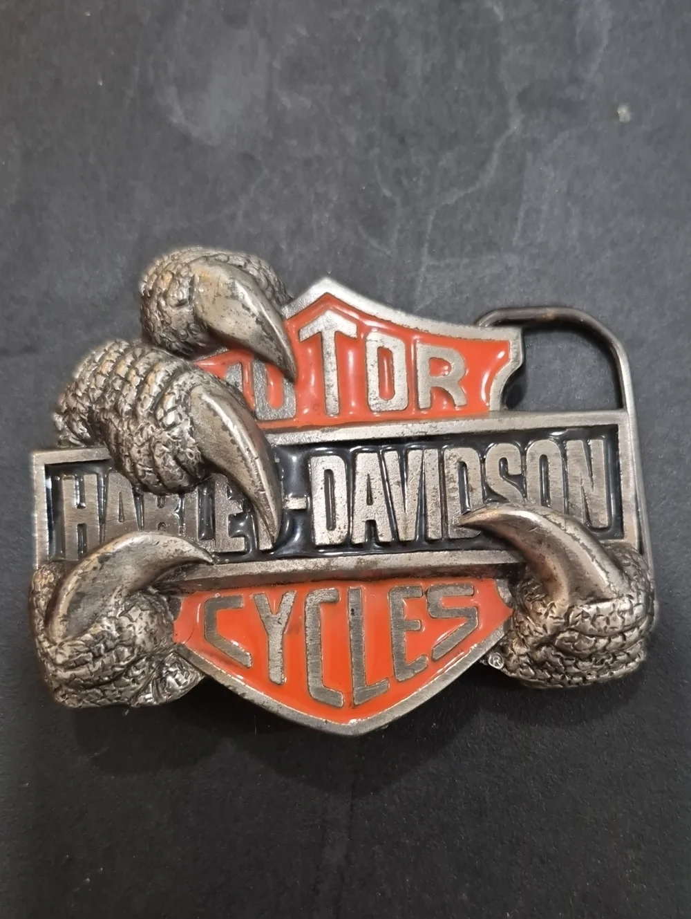 Vintage Harley-Davidson Orange and Silver Claw Logo Belt Buckle